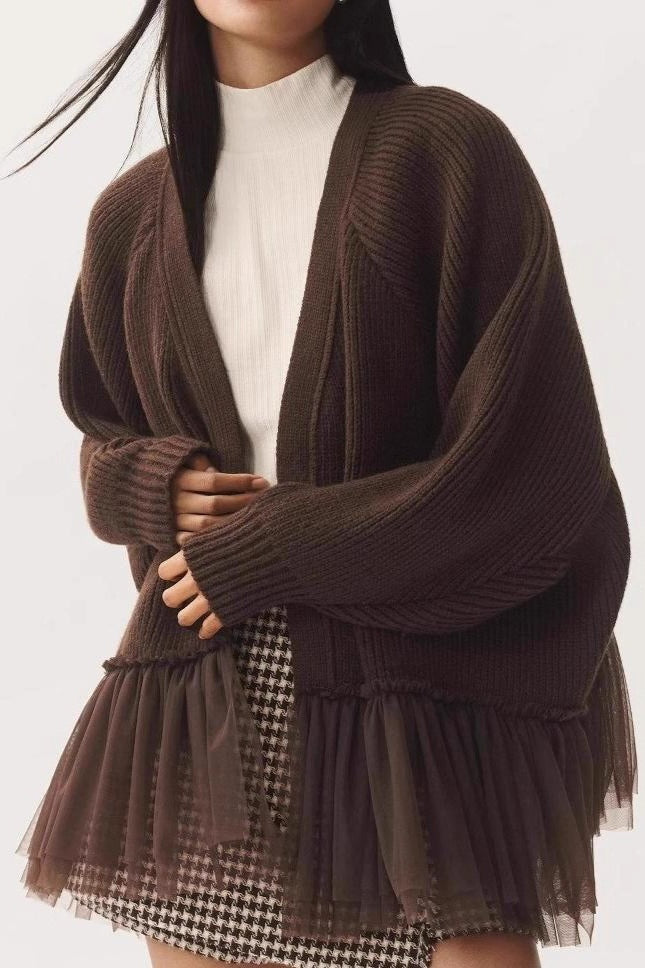 Sheer Ruffle Knit Cardigan S / Brown