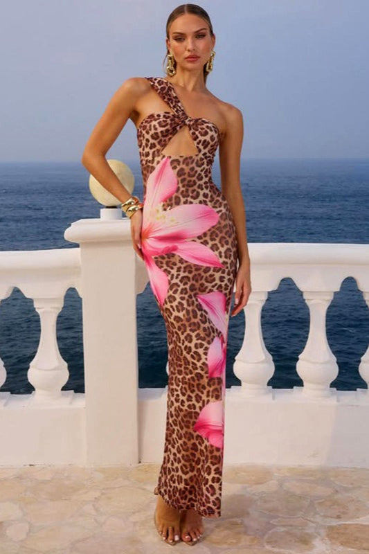 Robe longue moulante sexy à imprimé léopard et découpes