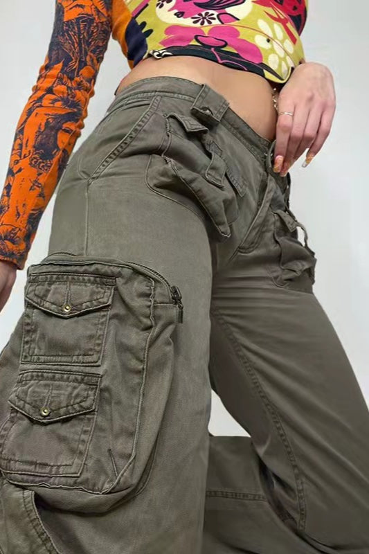 Pantalon cargo en denim multi-poches taille basse style urbain
