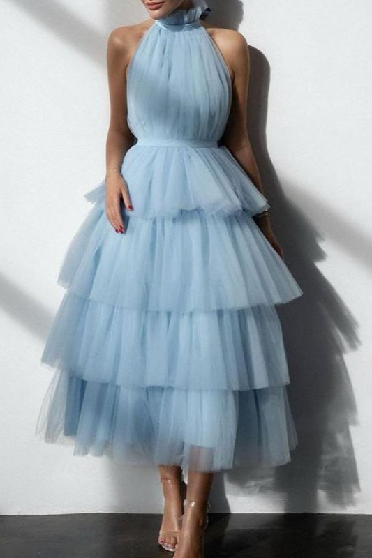 Blue Tiered Ruffle Mesh Party Dress XS / Blue