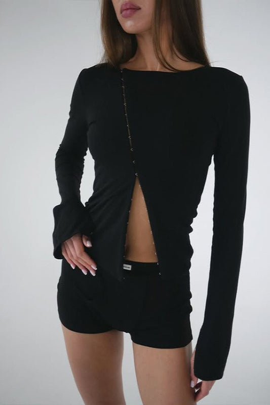 Long-Sleeve Solid Button-Up Top