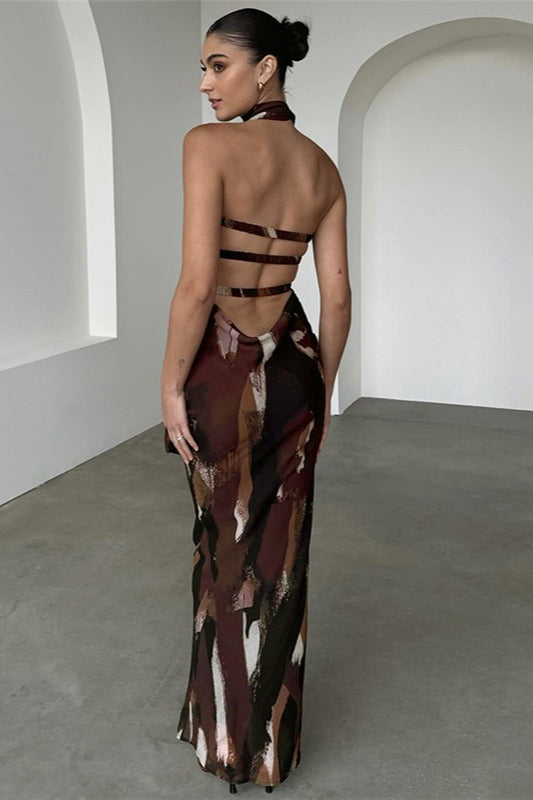 Robe longue imprimée dos nu sans bretelles