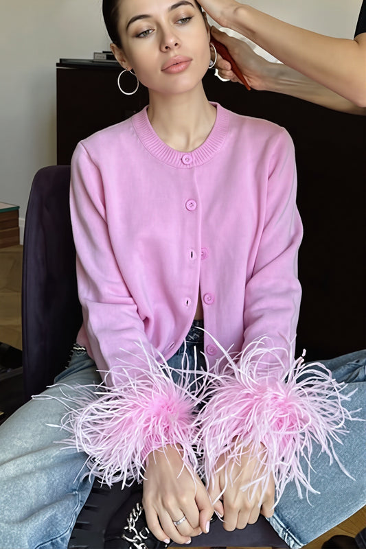 Feather Cuff Button Front Sweater