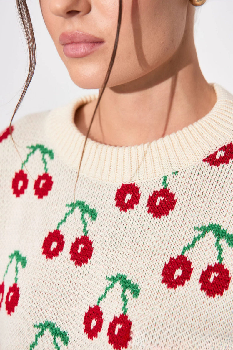 Cherry Crew Neck Mid Length Knit Sweater