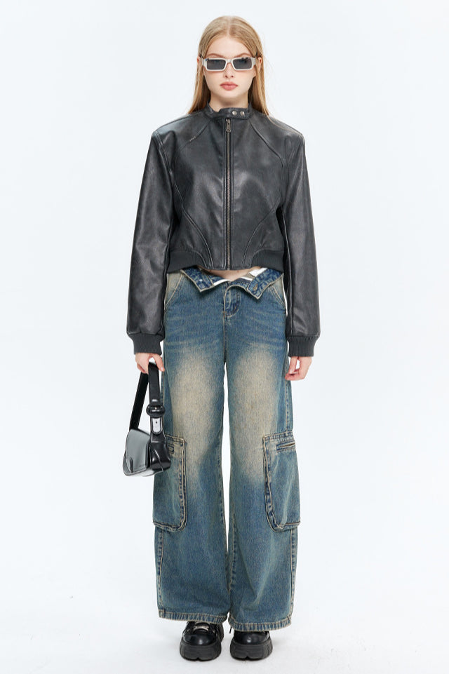 PU Leather Zip Up Bomber Jacket Grey / S