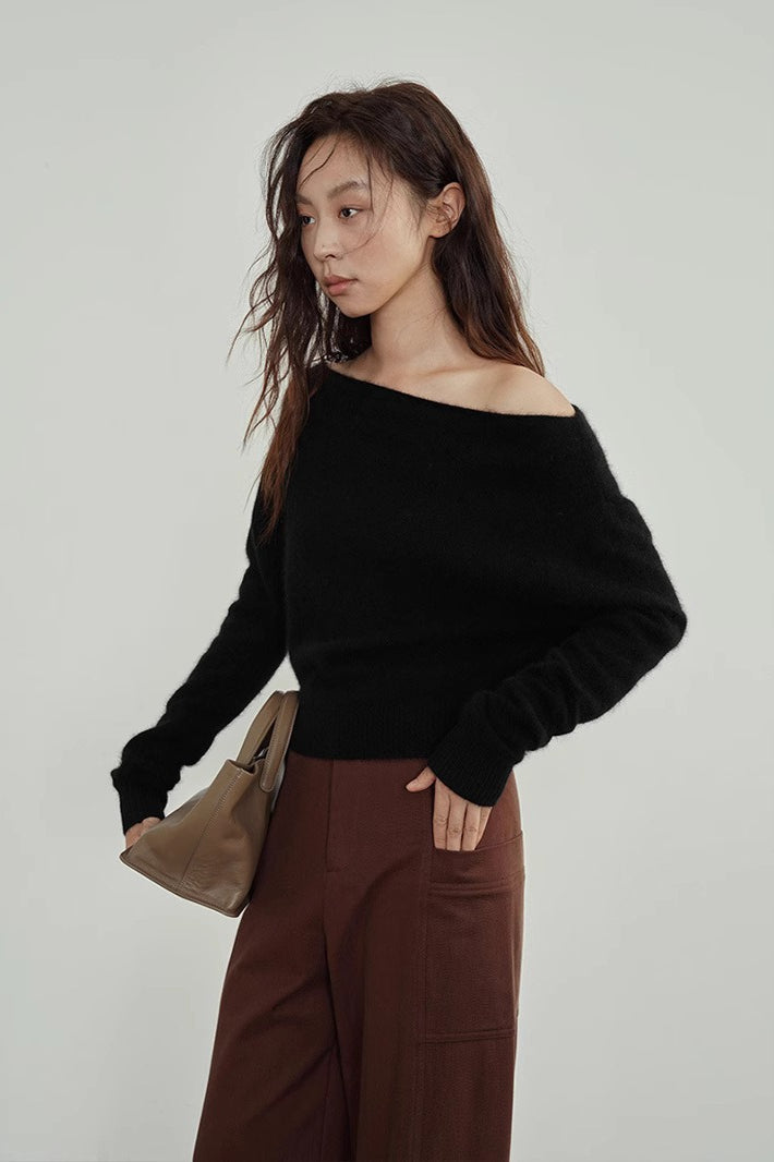 Raccoon Fur Off-Shoulder Cropped Slouchy Knit Top Black / One Size