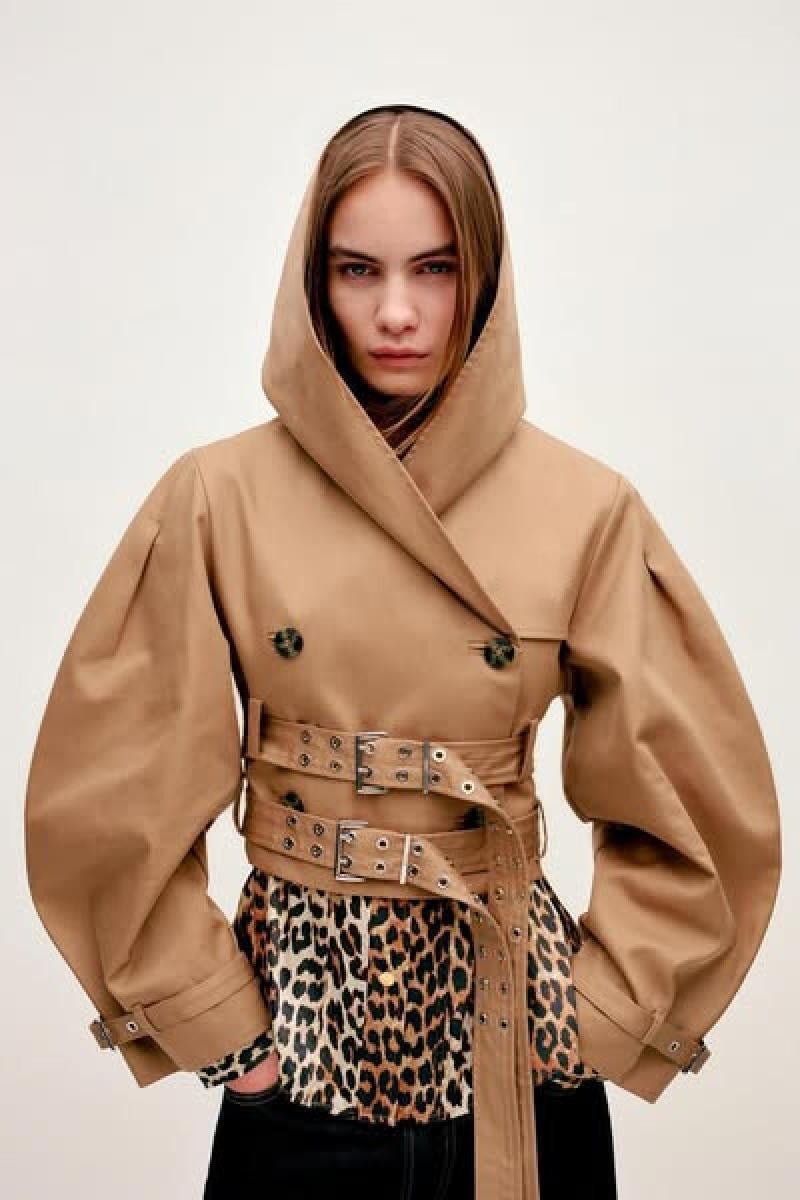 Chic Hooded Double Belted Cropped Coat Khaki / S