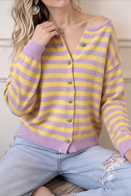 Lavender Yellow Stripe V Neck Cardigans