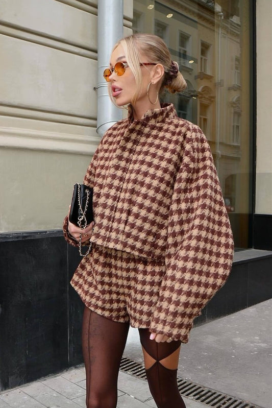 Ensemble deux pièces veste zippée et short pied-de-poule vintage