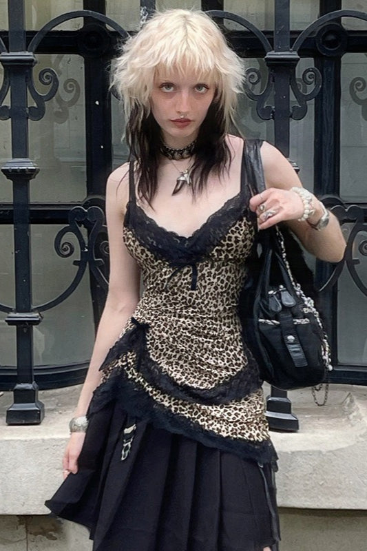 Chemisier asymétrique tendance en dentelle à imprimé léopard