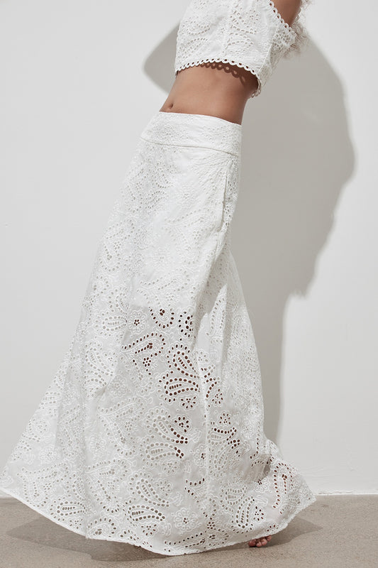 Cutout Allover Embroidered Maxi Skirt