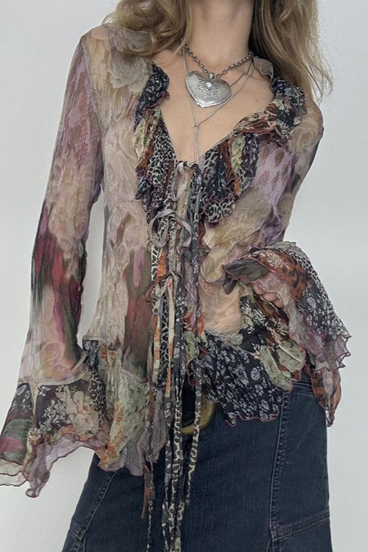 Chemisier à nouer en maille contrastée à imprimé vintage