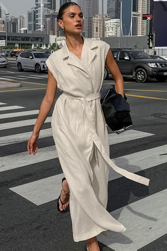 Linen Cotton High Waist Slit Tie Maxi Dress