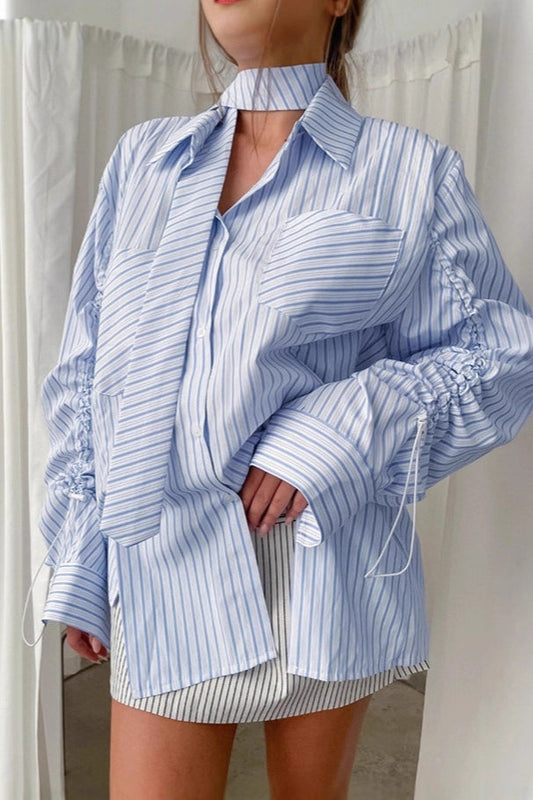 Blue Striped Halter Drawstring Blouse