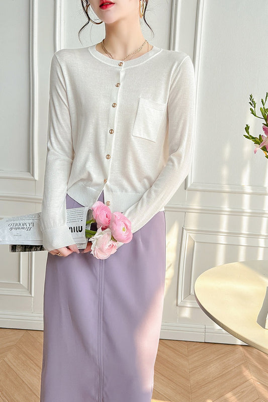 Crew-Neck Single-Row Pocket Knit Cardigan