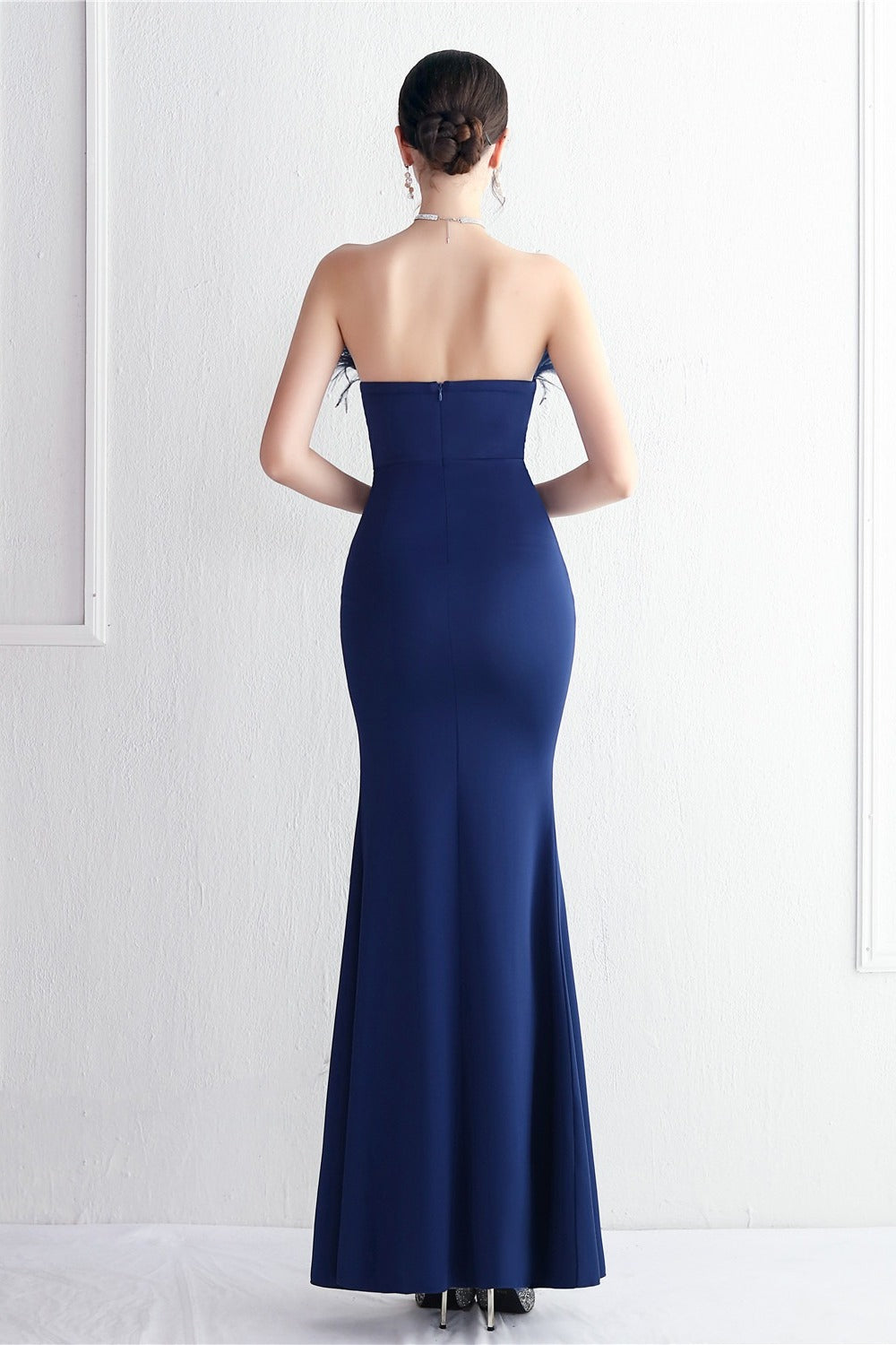Elegant Feather Trim Strapless Formal Dress