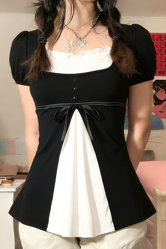 Contrast Panel Puff Sleeve Square Neck Blouse