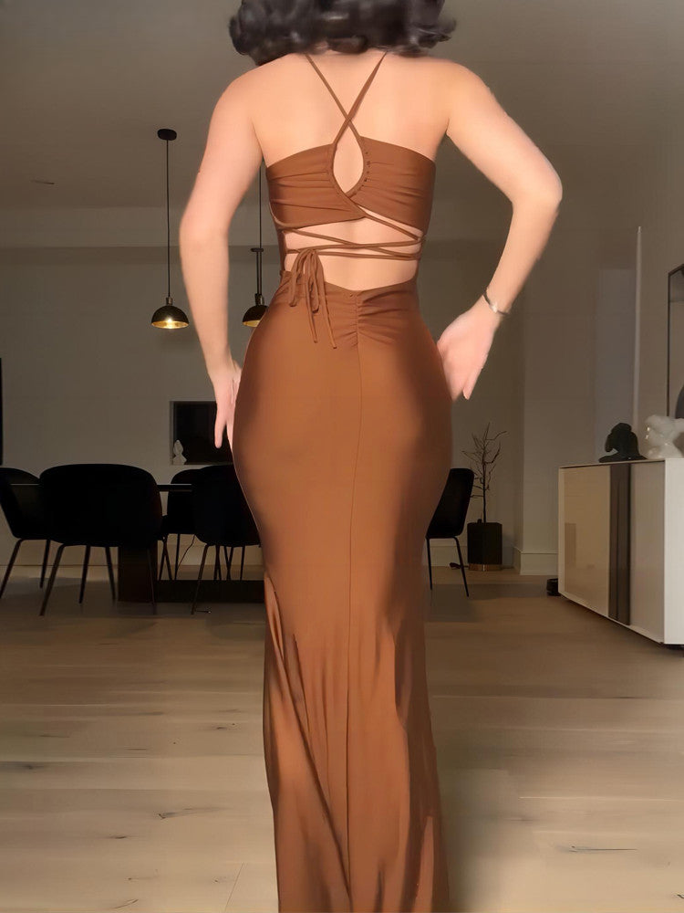 Elegant Backless Draped Bandage Sexy Maxi Christmas Party Dress Dresses-L