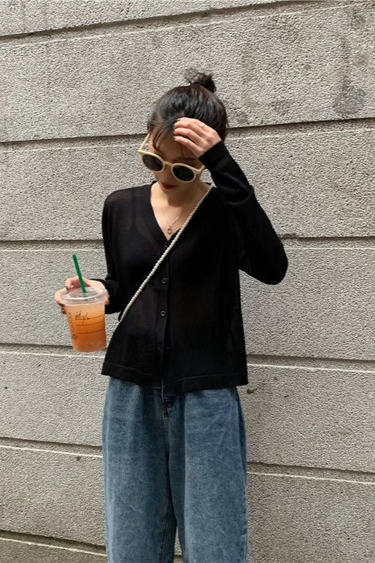 V Neck Lightweight Knit Cardigan Black / One Size