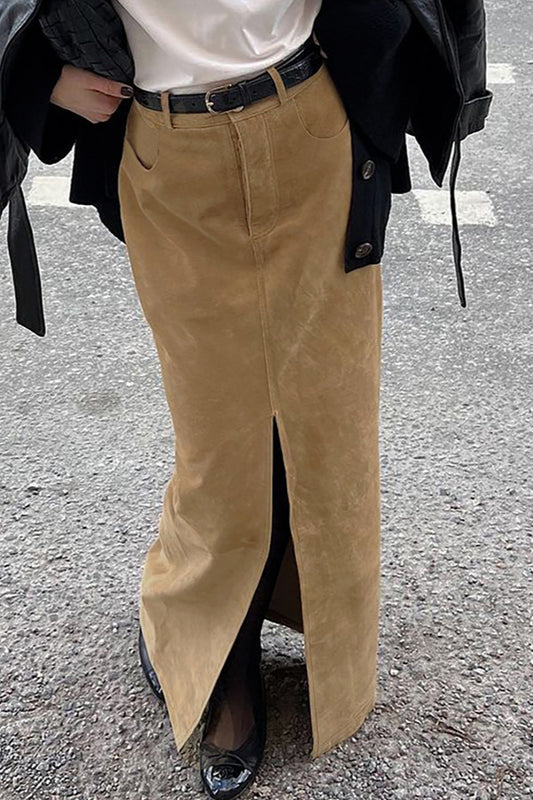 Jupe mi-longue fendue taille haute en daim marron vintage