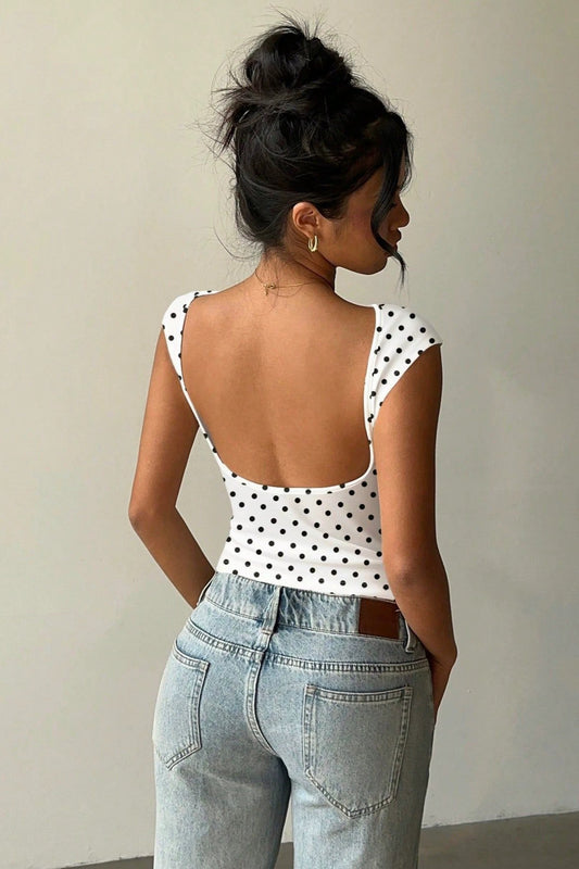 Polka Dot Boat Neck Open Back T-shirt