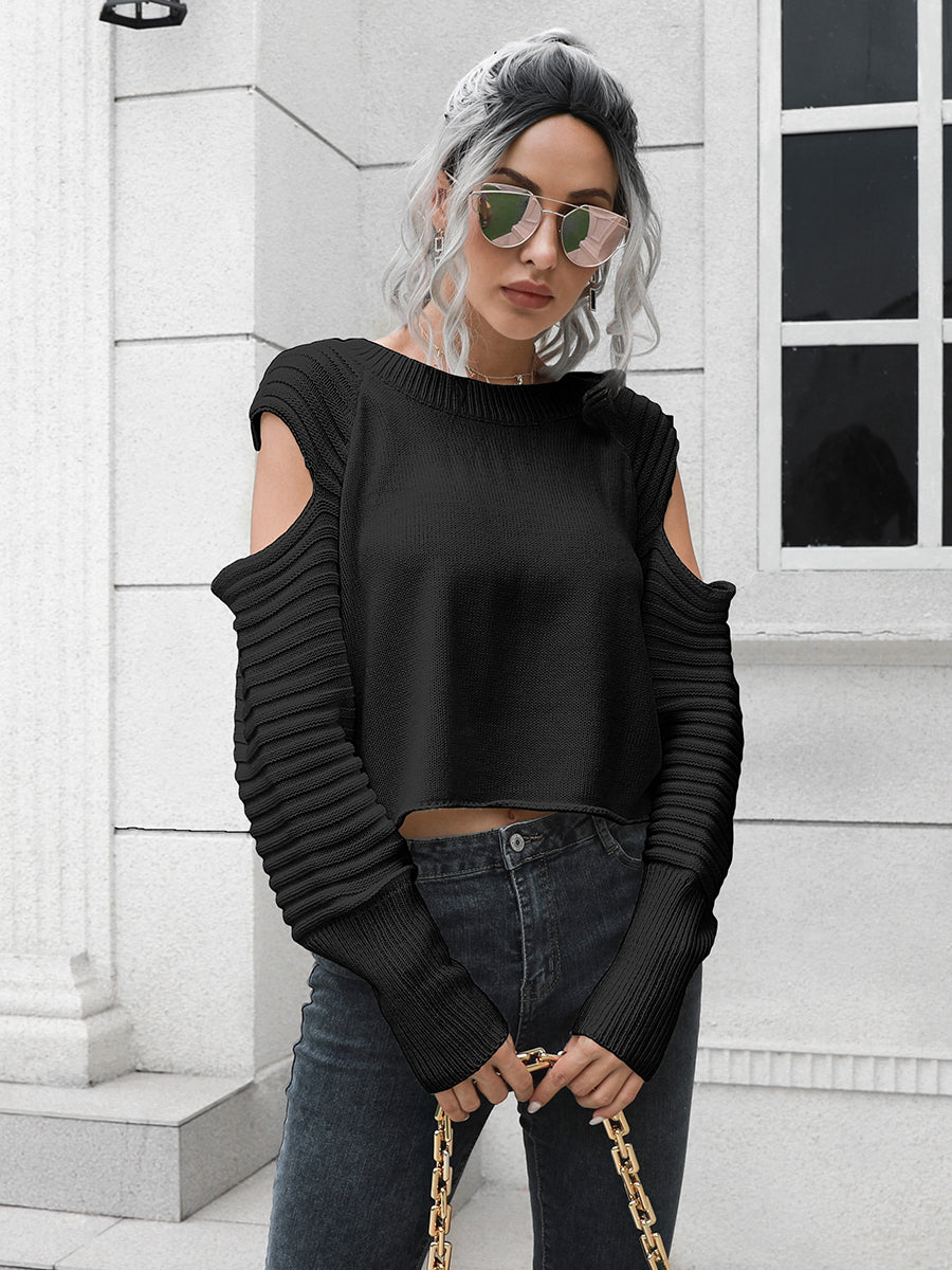 Ribbed Trim Cold-Shoulder Sweater Sweaters-L