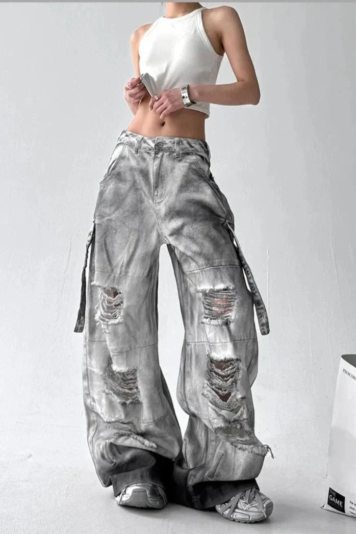 Tie Dye Ripped Wide Leg Jeans