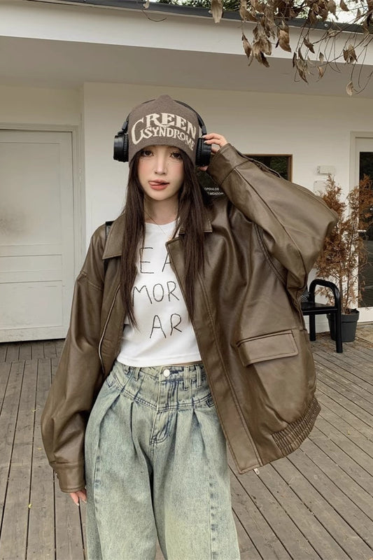 Short Length Oversized Moto Jacket M / Brown