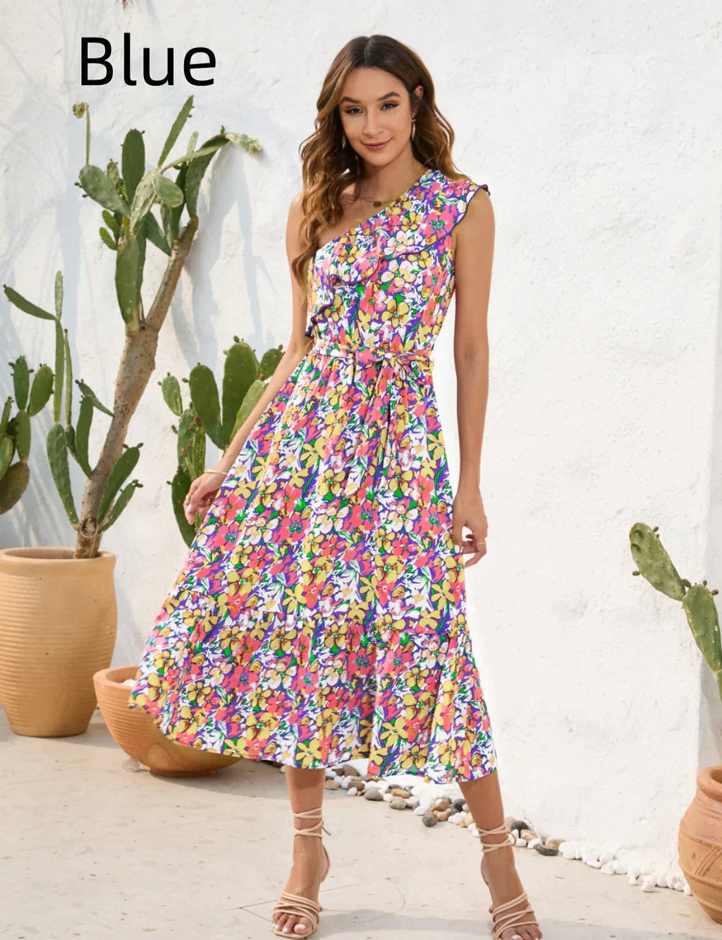 Shoulder Patterned One Dress L / Blue