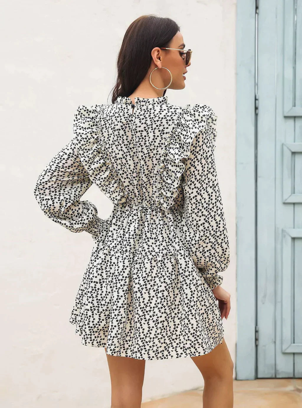 Wood Ear Collar Long Sleeve Printed Dress With Ruffled Detail M / Black Dresses