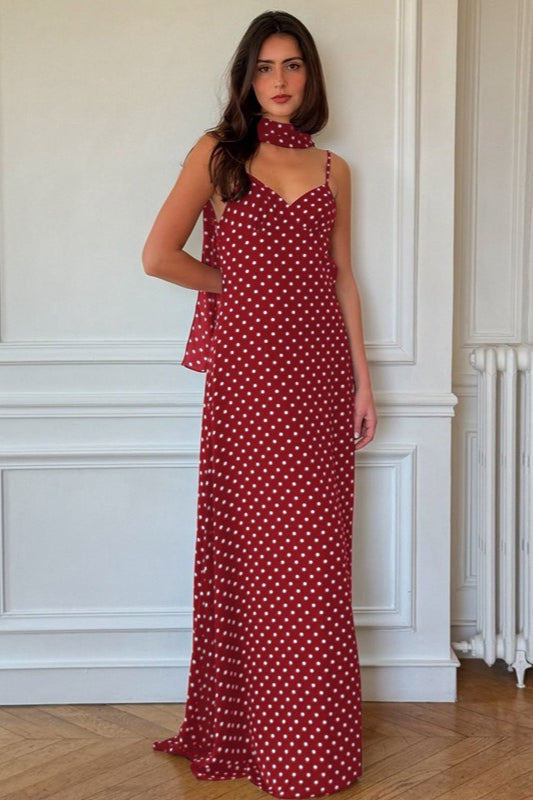 Robe longue sexy à pois et col en V dos nu