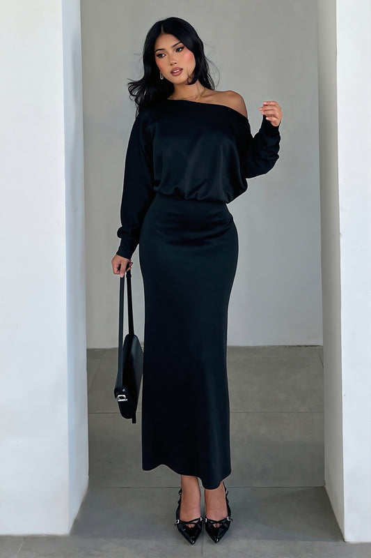 One Shoulder Ruched Long Sleeve Maxi Dress