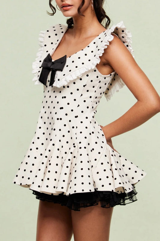 Vintage Polka Dot Bow Collar Ruffled Mini Dress