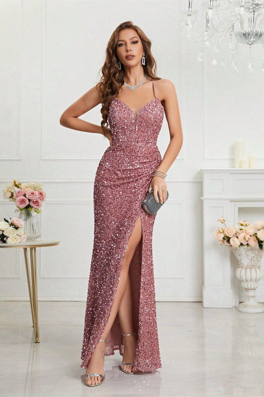 Sequin V Neck Bodycon Formal Dress S / Pink