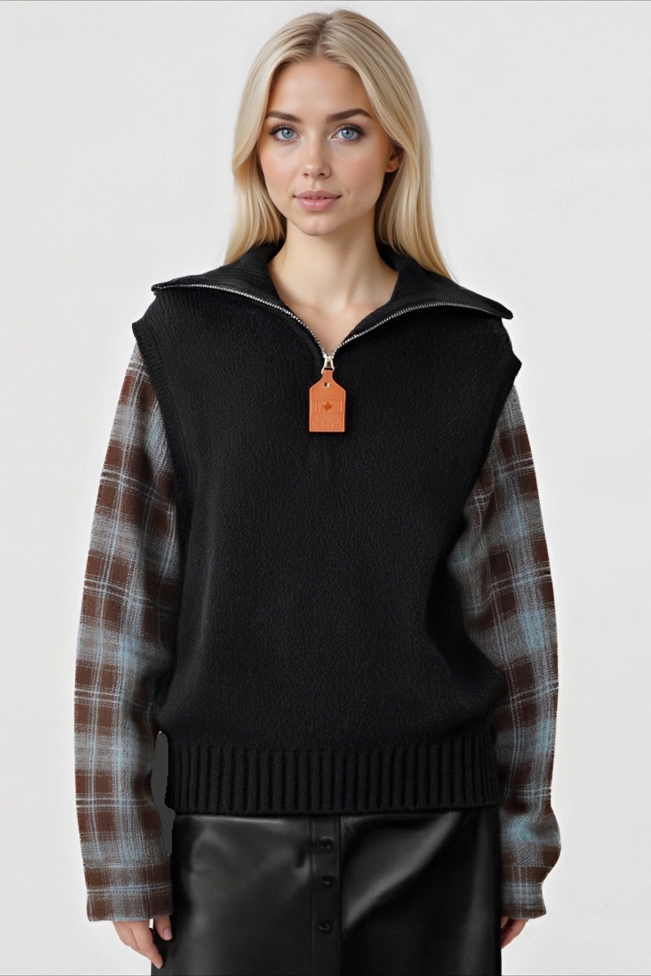 Fake Two Piece Plaid Contrast Half Zip Collared Sweater Black / One Size