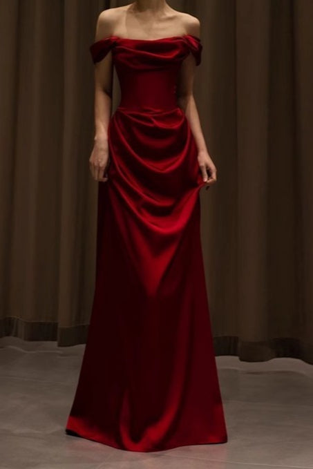 Off Shoulder Wine Red Satin Formal Dress XXS / Red