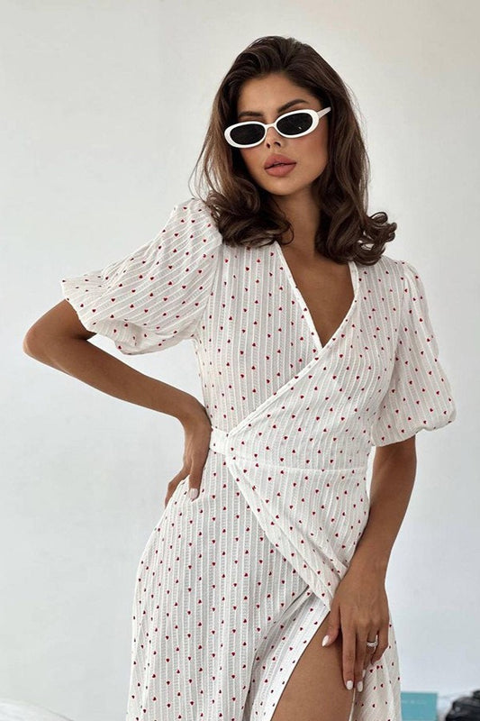 Robe longue portefeuille en coton à imprimé cœur et col en V