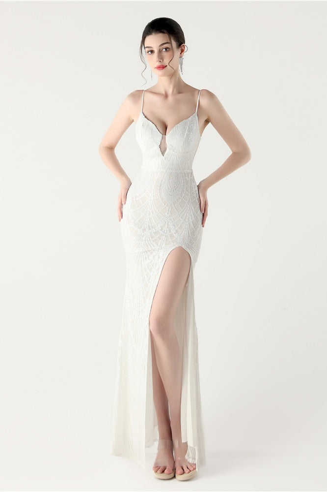 Sequin V Neck Cross Strap Mermaid Maxi Dress White / S