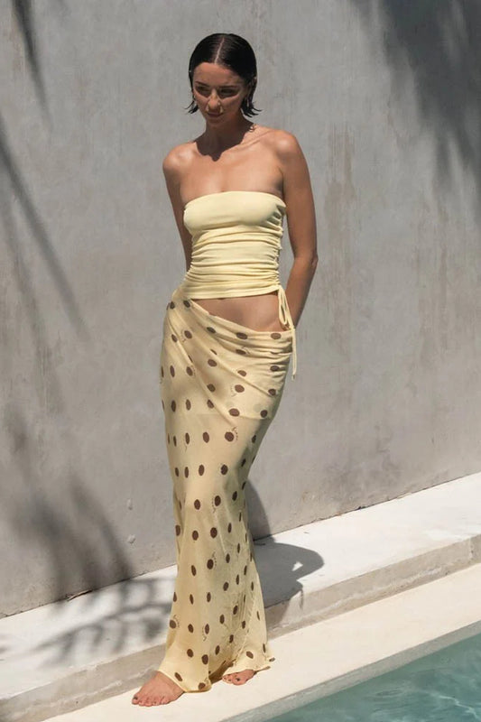 Robe longue ajustée sans bretelles à pois patchwork