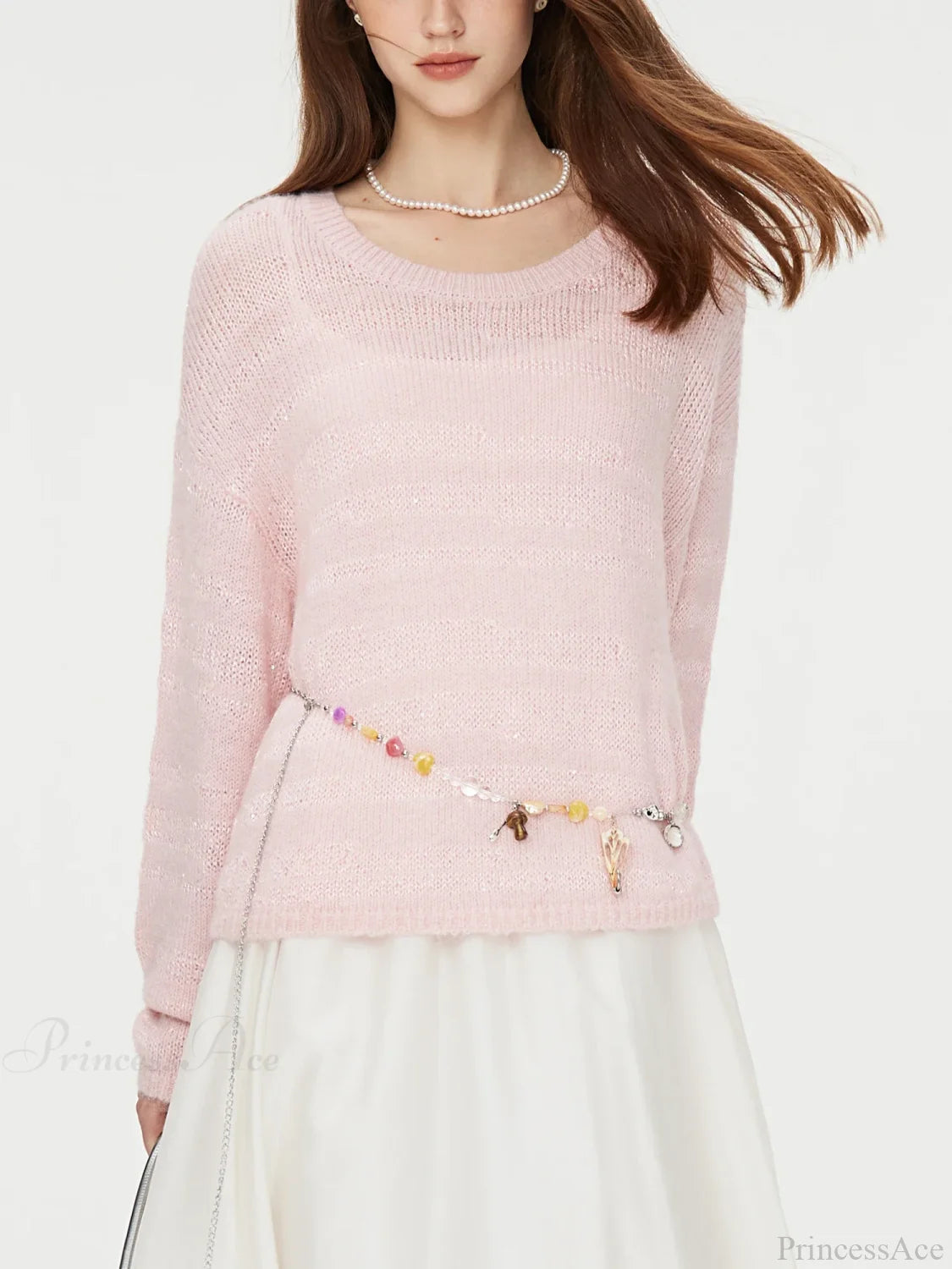 8.7% Wool Round Neck Drop Sleeve Sweater Pink / S
