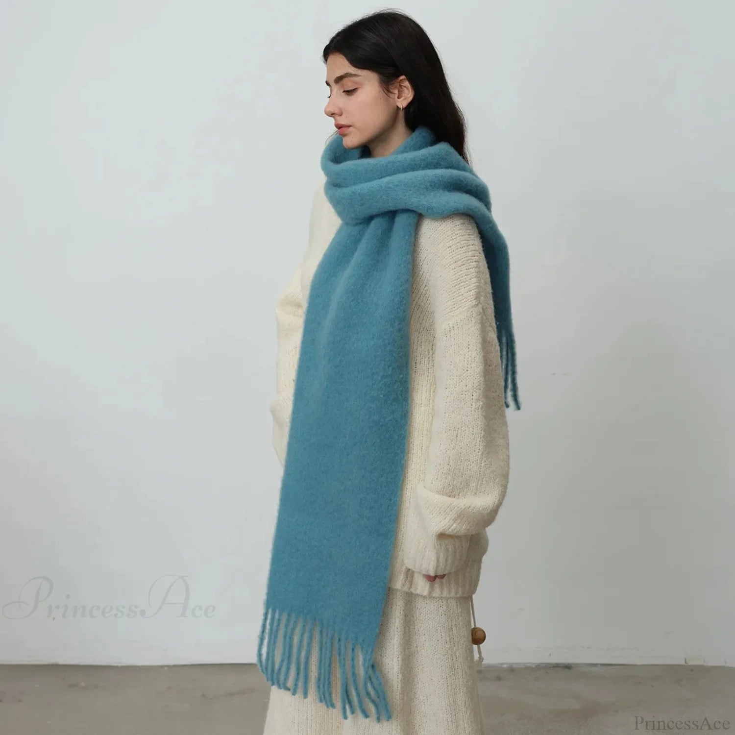80% Wool Blend Solid Color Tassel Scarf For Women - Autumn Winter Collection Scarfs-L