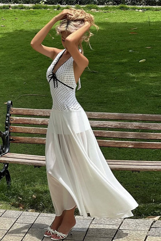 Robe longue dos nu à imprimé floral et pois