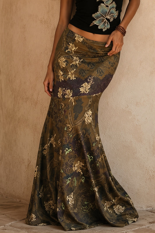 Vintage Floral Mesh Fishtail Maxi Skirt