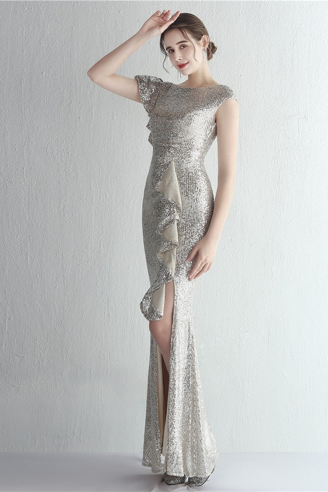 Glitter High Neck Mermaid Slit Formal Dress