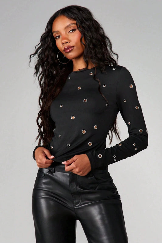 Metal Eyelet Cutout Mock Neck Long Sleeve Tee