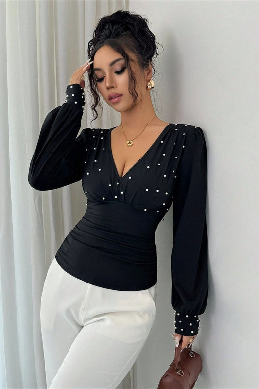 Pearl Studded Wrap V Neck Blouse
