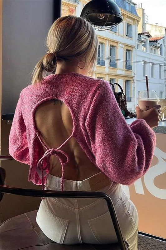 Crew-Neck Long-Sleeve Backless Tie-Knit Short Sweater