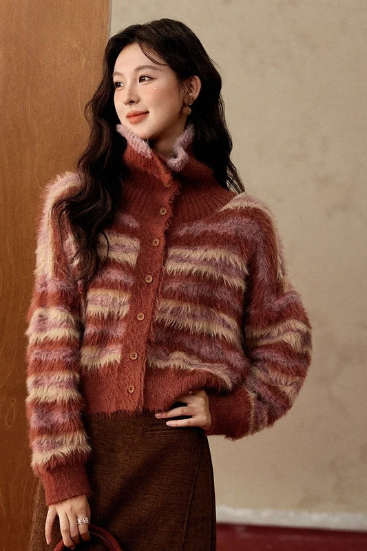 Contrast Color Vintage Striped Cardigan