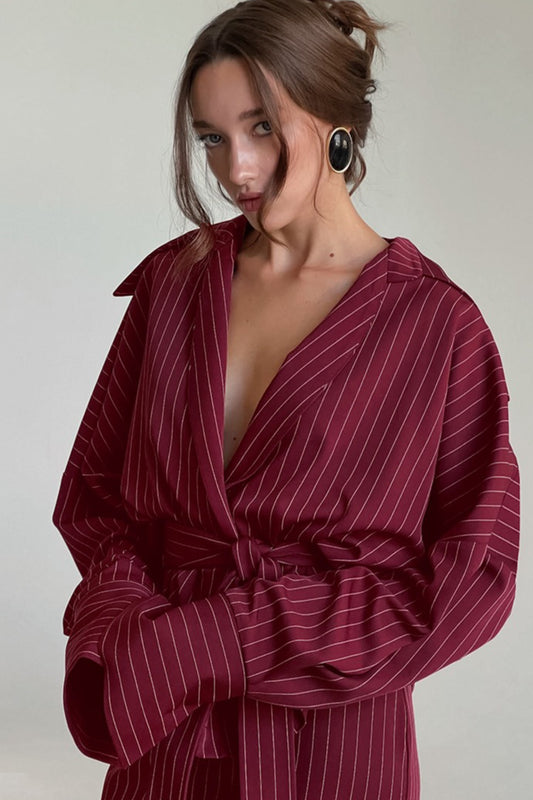Shirt Style Striped V-Neck Tie Fitted Waist Maxi Dress