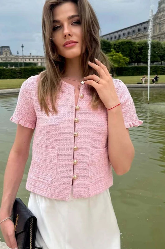 Elegant Knitted Short Sleeve Cropped Cardigan Pink / S